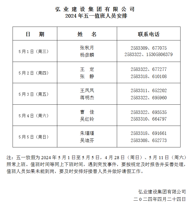 2024五一值班表